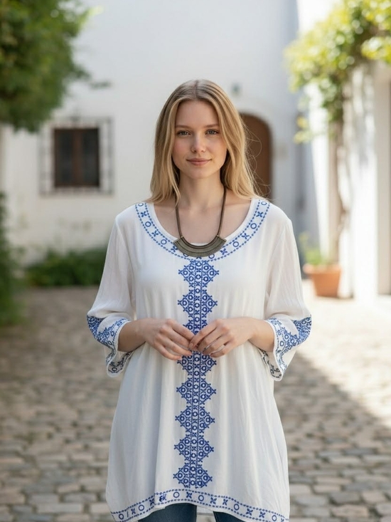 Tops - Boho The 4th! Women's White Tunic Top with Blue Embroidery(W/ Necklace)
